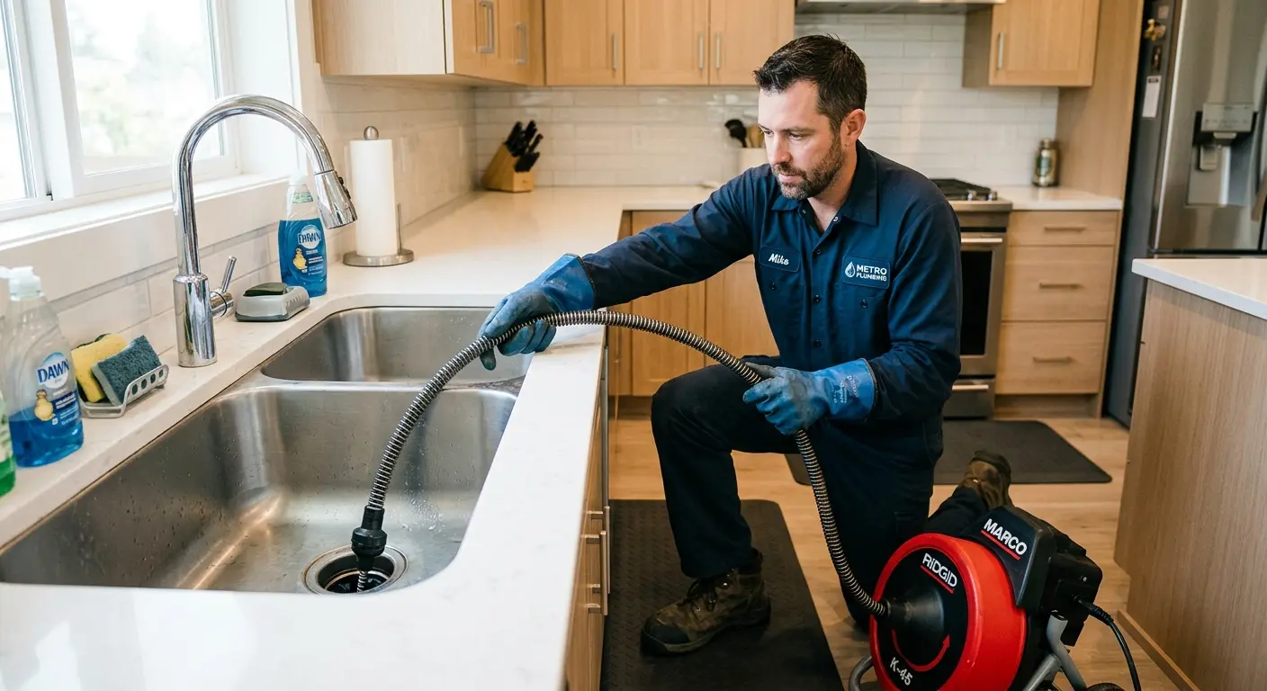 Drain cleaning technician using a motorized snake on a kitchen sink in Bessemer City