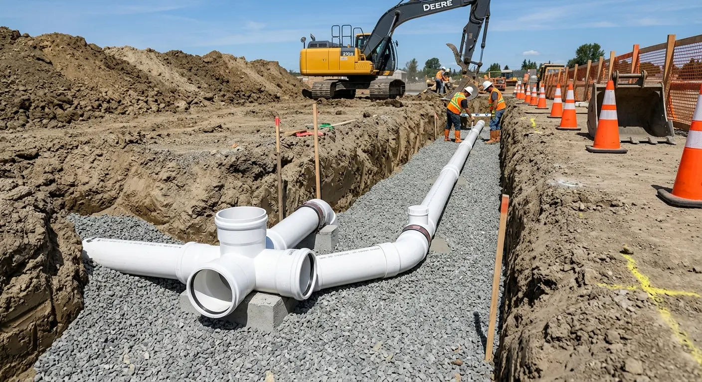 New PVC sewer pipe installation in open trench for Sewer Camera Inspection in Bessemer City