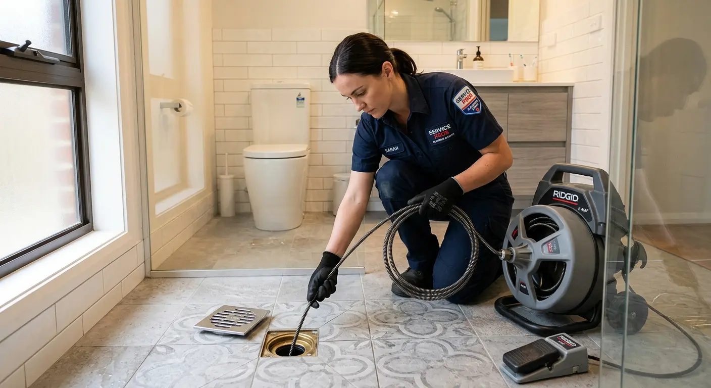 Technician clearing a bathroom floor drain for Sewer Line Replacement in Bessemer City